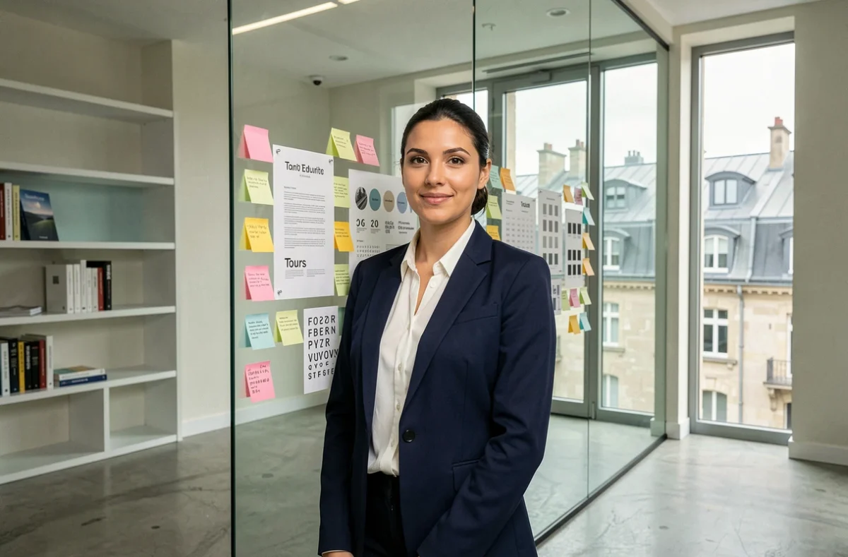 Directrice créative de l'agence addictic à Tours devant un mur de références visuelles et d'identité de marque