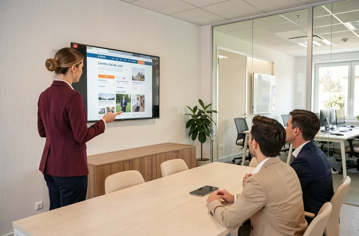 Consultante de l'Agence CMS présentant une maquette de site web à des clients en salle de réunion en Centre-Val de Loire