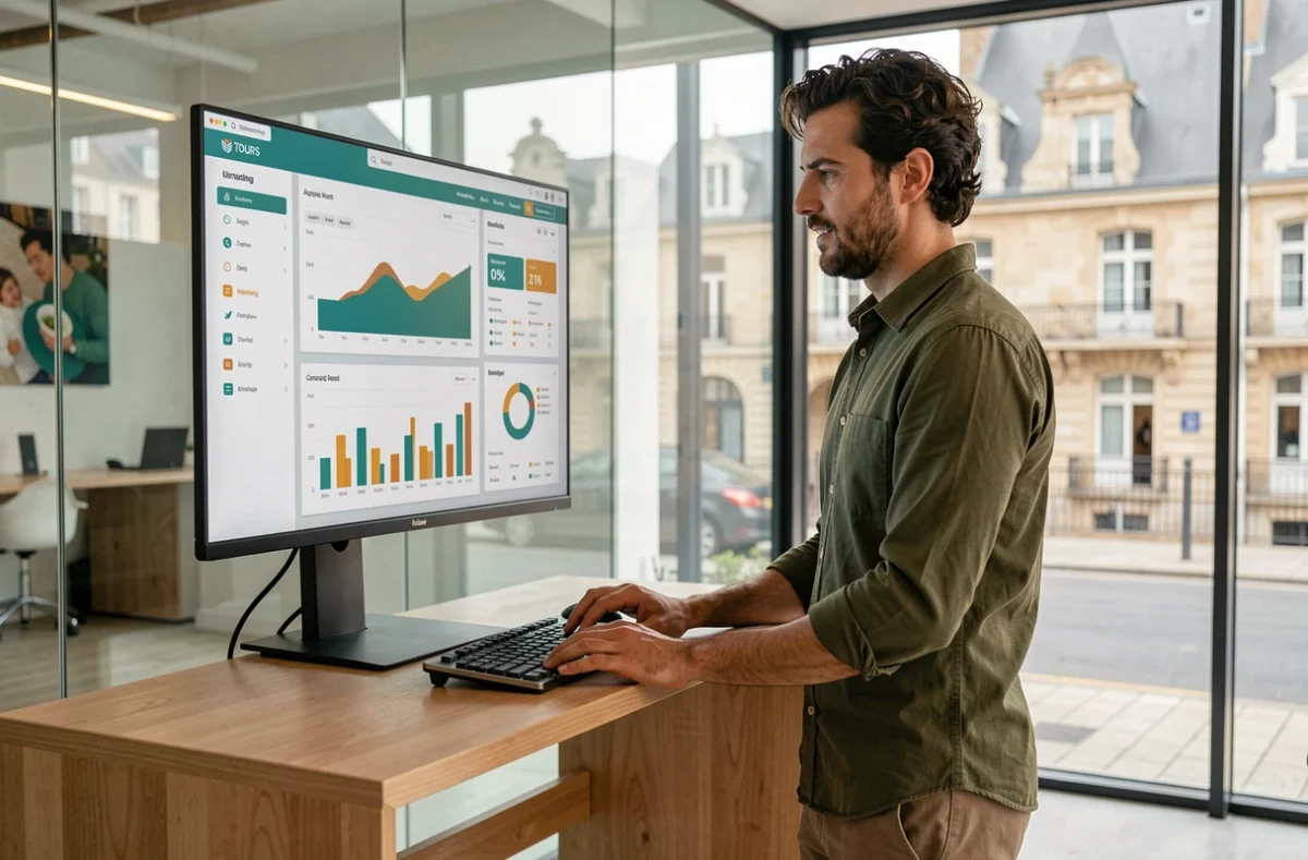 Stratège digital de l'agence OROYA à Tours analysant des données de campagne sur un tableau de bord numérique