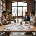 Équipe d'une agence de communication en Centre-Val de Loire autour d'une table de travail avec des supports de campagne