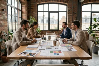 Équipe d'une agence de communication en Centre-Val de Loire autour d'une table de travail avec des supports de campagne