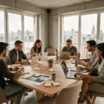 Équipe d'une agence web dans les Deux-Sèvres réunie autour d'une table de travail avec laptops et maquettes dans un bureau moderne