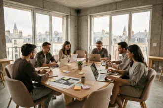 Équipe d'une agence web dans les Deux-Sèvres réunie autour d'une table de travail avec laptops et maquettes dans un bureau moderne