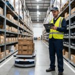 Agent logistique surveillant un robot dans un entrepôt moderne