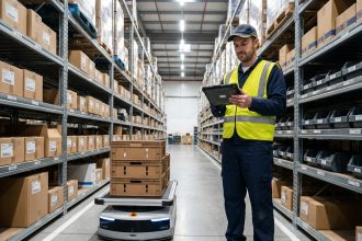 Agent logistique surveillant un robot dans un entrepôt moderne