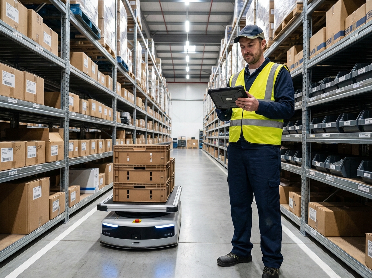 Agent logistique surveillant un robot dans un entrepôt moderne