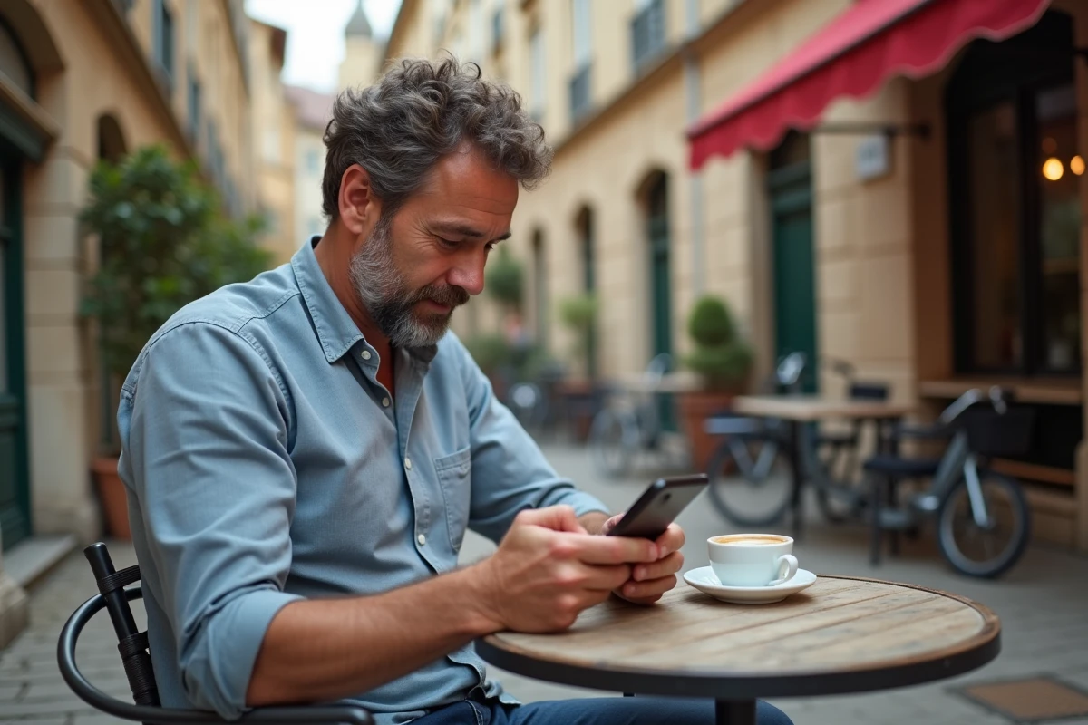 Agent postal consultant Ma Box RH sur mobile en terrasse lors d'une pause déjeuner