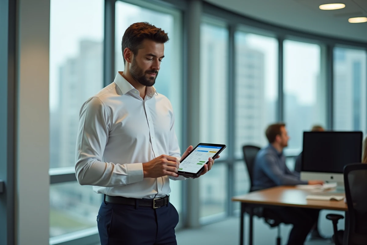 Agent de la fonction publique utilisant un simulateur de salaire sur tablette dans un open space administratif