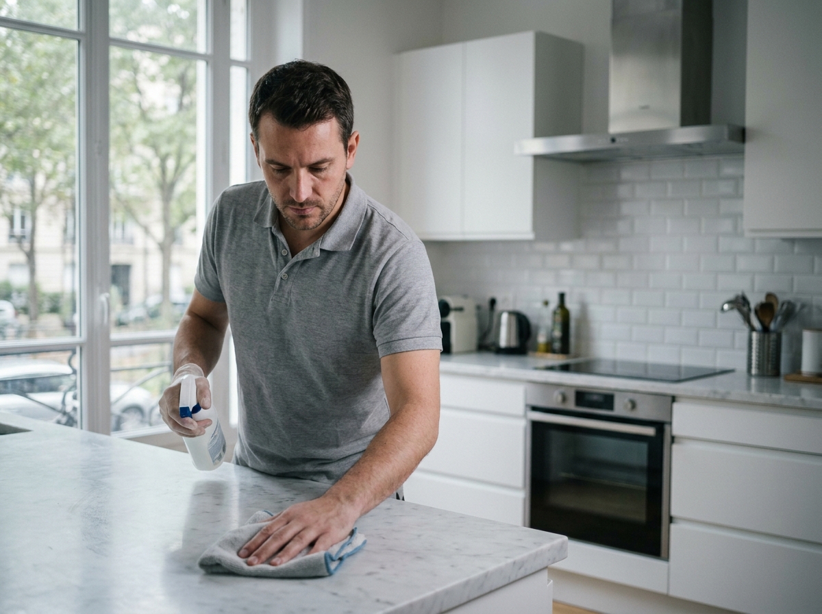 Professionnel de ménage à domicile nettoyant un plan de travail en marbre dans une cuisine moderne à Boulogne-Billancourt