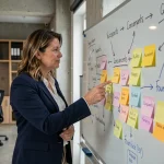 Femme professionnelle analysant un tableau de micro-environnement avec des notes et des schémas dans un bureau moderne