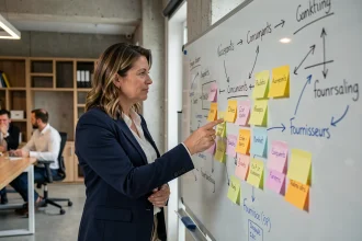 Femme professionnelle analysant un tableau de micro-environnement avec des notes et des schémas dans un bureau moderne