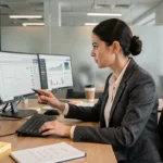 Femme analyste consultant les prix d'outils IA sur des écrans de bureau dans un open space professionnel