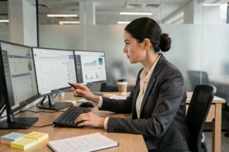 Femme analyste consultant les prix d'outils IA sur des écrans de bureau dans un open space professionnel