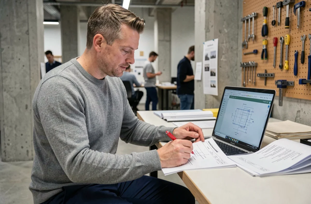 Ingénieur annotant un dossier de construction technique imprimé tout en consultant un schéma CAO sur ordinateur portable