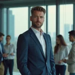Jeune entrepreneur de grande taille dans un bureau tech moderne, illustrant la stature d'Arthur Mensch fondateur de Mistral AI