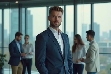 Jeune entrepreneur de grande taille dans un bureau tech moderne, illustrant la stature d'Arthur Mensch fondateur de Mistral AI