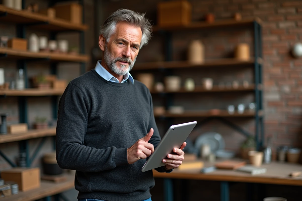 Artisan entrepreneur consultant le magazine SLR.fr sur tablette dans son atelier de PME
