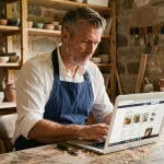 Artisan homme consultant un annuaire professionnel en ligne depuis son atelier pour développer sa prospection client