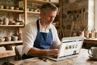 Artisan homme consultant un annuaire professionnel en ligne depuis son atelier pour développer sa prospection client