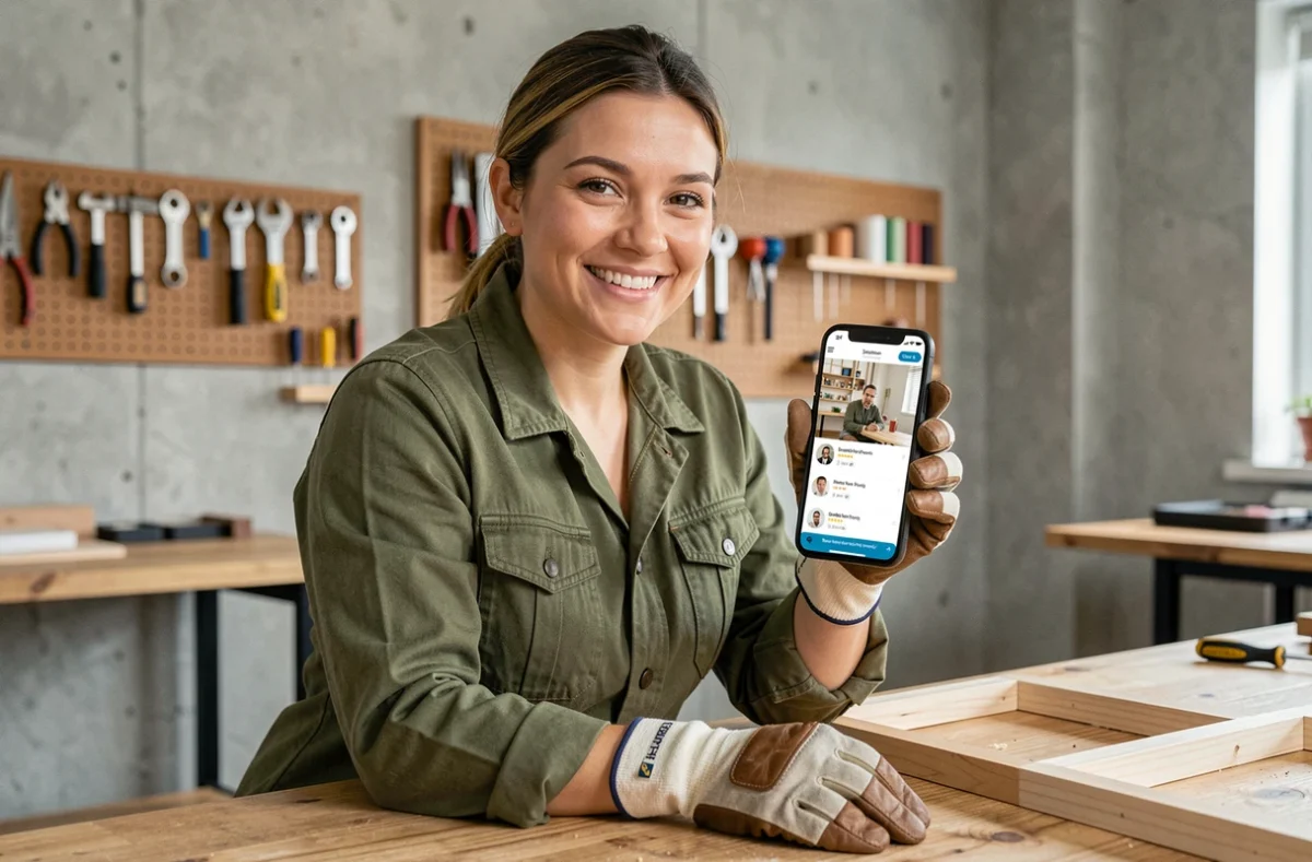 Artisane menuisière utilisant une plateforme d'artisanat sur smartphone pour attirer de nouveaux clients professionnels