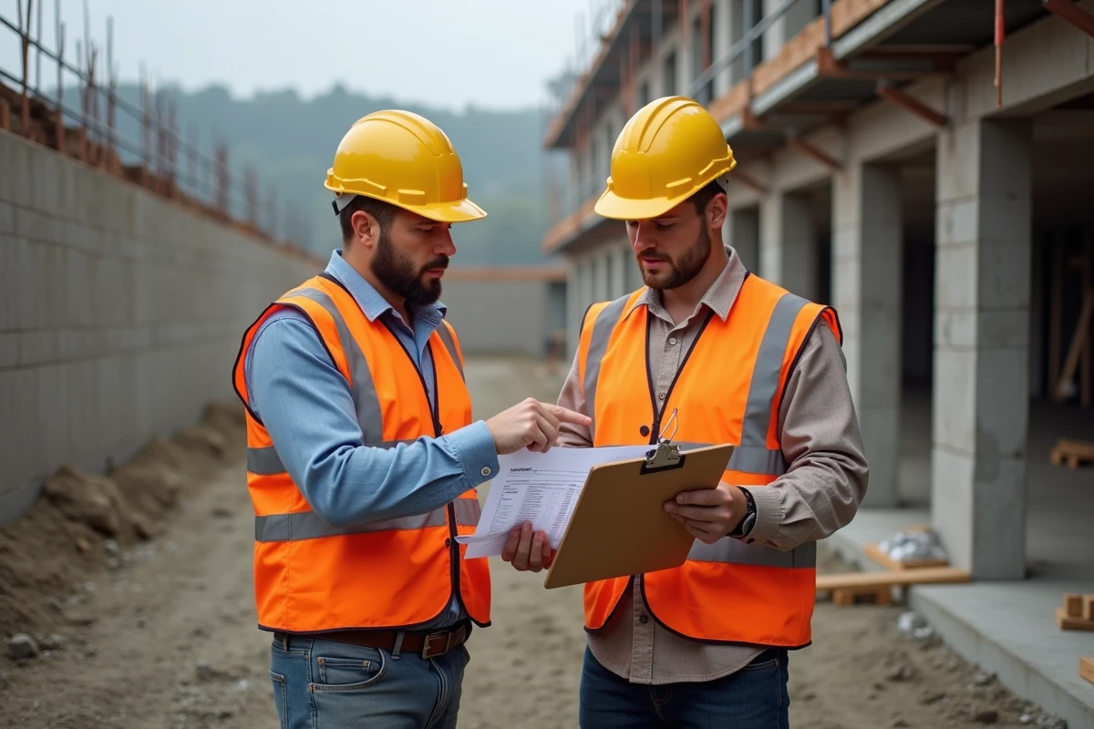 Deux artisans BTP analysant ensemble un devis de chantier imprimé sur un chantier en cours de construction