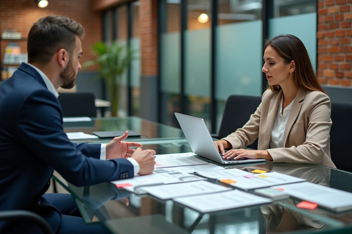 Deux associés discutant des activités principales et de l'objet social de leur entreprise autour d'une table de réunion