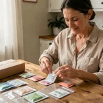 Femme auto-entrepreneur travaillant à domicile en emballant des échantillons de produits sur une table de cuisine en bois