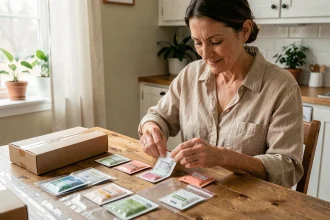 Femme auto-entrepreneur travaillant à domicile en emballant des échantillons de produits sur une table de cuisine en bois