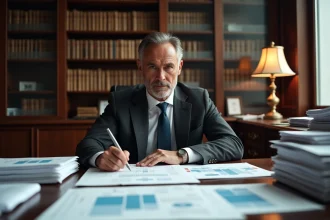 Avocat analysant des documents juridiques et des flux financiers liés à un groupe de sociétés complexe
