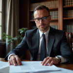 Avocat homme en costume lisant des documents juridiques dans un bureau