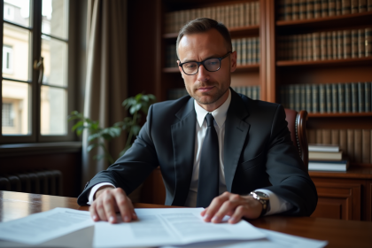 Avocat homme en costume lisant des documents juridiques dans un bureau