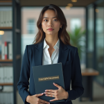 Jeune avocate en costume noir tenant un dossier copyright