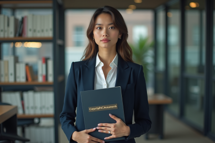 Jeune avocate en costume noir tenant un dossier copyright