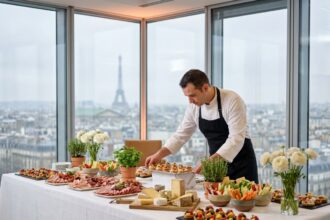 Table de buffet traiteur dressée élégamment pour un événement d'entreprise dans un bureau moderne parisien