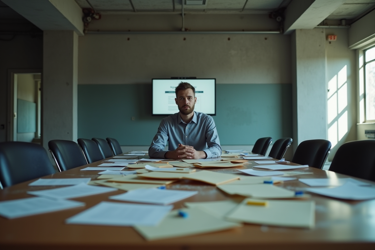 Jeune homme dans un bureau abandonné avec ordinateur et dossiers