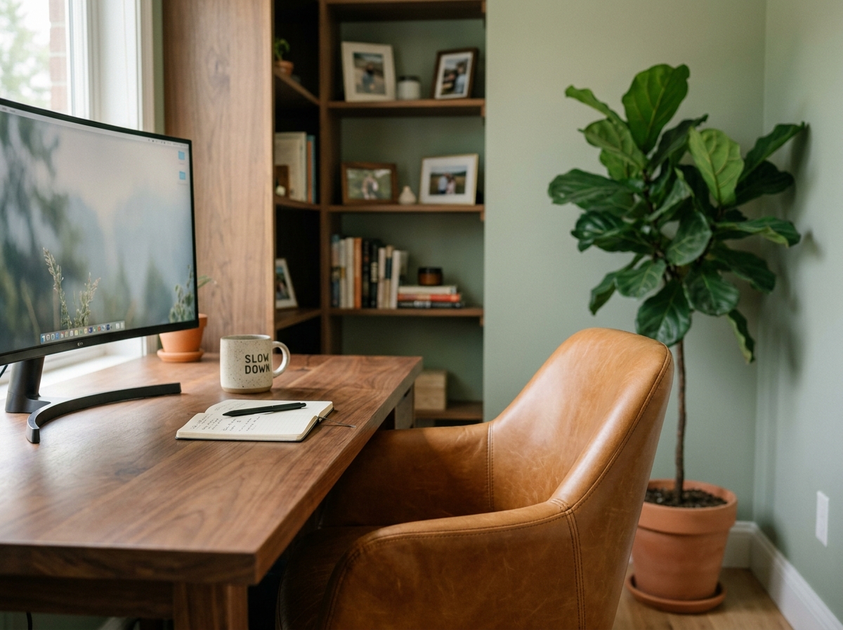 Bureau en noyer massif avec chaise ergonomique en cuir caramel et rangements intégrés dans un bureau privé élégant et organisé