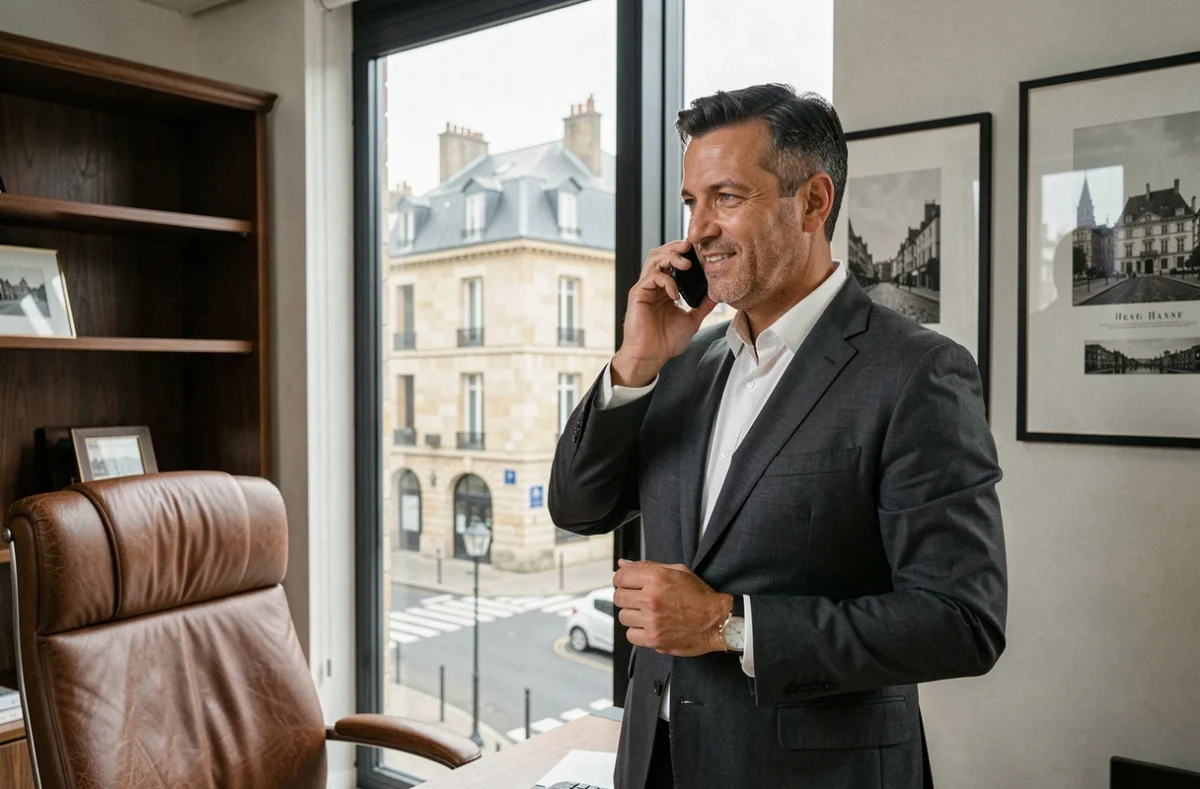 Homme d'affaires en bureau privé meublé disponible à la location à Caen avec vue sur rue normande