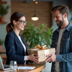 Dirigeante de petite entreprise remettant un cadeau emballé à un salarié dans un bureau moderne