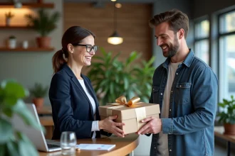 Dirigeante de petite entreprise remettant un cadeau emballé à un salarié dans un bureau moderne