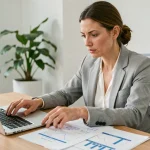 Femme analyste en blazer gris calculant le seuil de rentabilité sur tableur et ordinateur portable dans un bureau professionnel