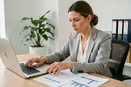 Femme analyste en blazer gris calculant le seuil de rentabilité sur tableur et ordinateur portable dans un bureau professionnel