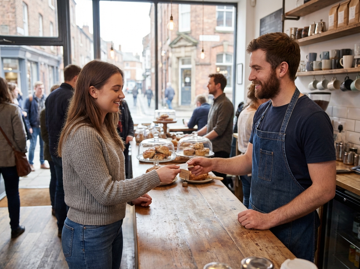 Jeune client recevant une carte de fidélité au café par un barista