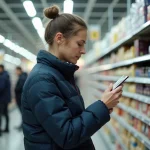 Cliente Lidl examinant un produit en rayon, illustrant la fidélité et l'engagement des clients Lidl