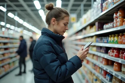 Cliente Lidl examinant un produit en rayon, illustrant la fidélité et l'engagement des clients Lidl