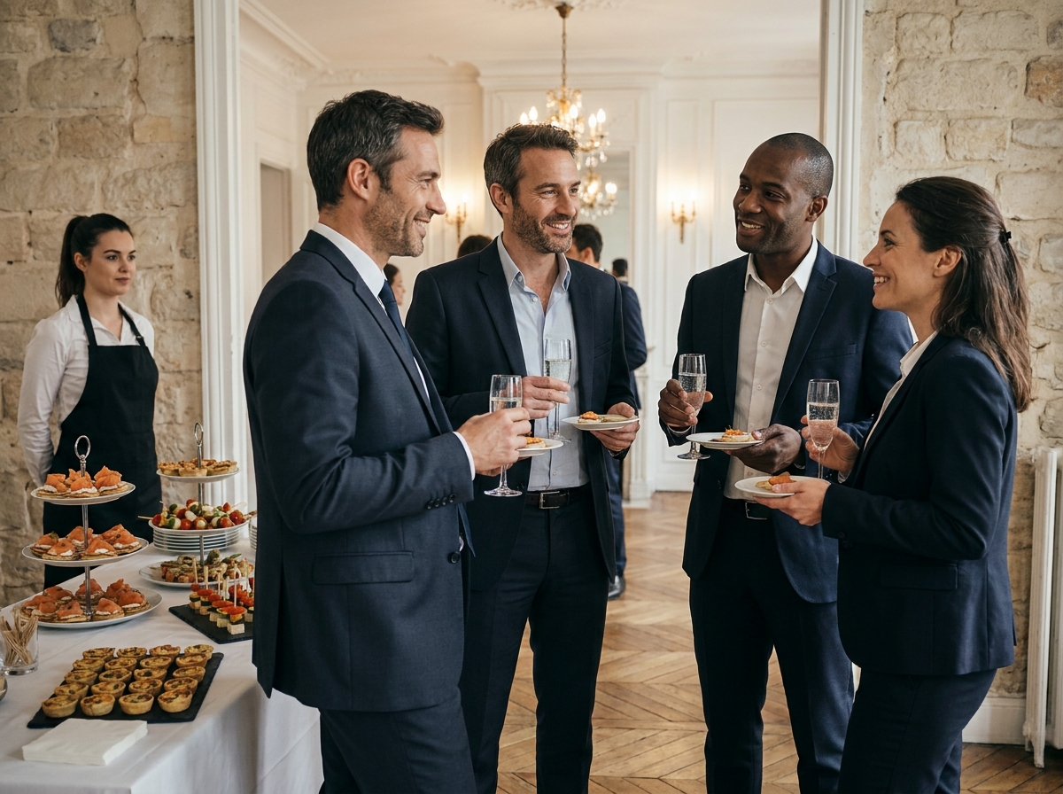 Cocktail d'entreprise avec service traiteur professionnel dans un espace événementiel parisien de style haussmannien