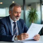 Homme d'affaires français recevant un document au bureau