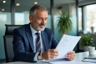 Homme d'affaires français recevant un document au bureau