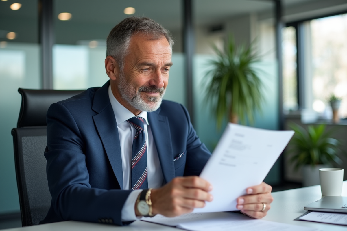 Homme d'affaires français recevant un document au bureau