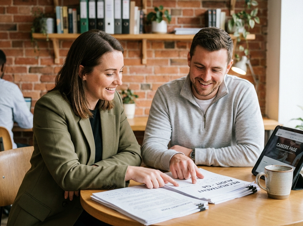 Deux professionnels RH collaborant sur un audit des outils de recrutement avec des documents imprimés dans un espace de coworking