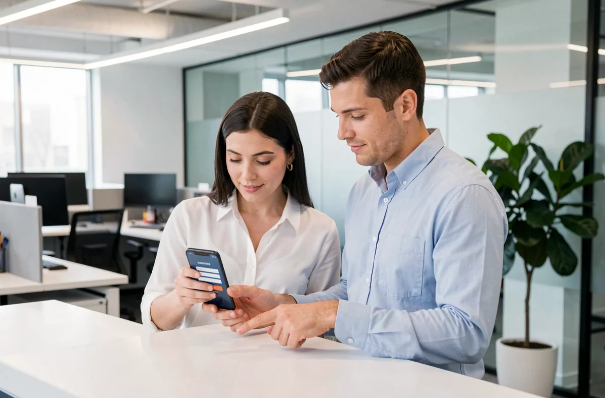 Deux collègues configurant l'accès au portail sécurisé MonPortailSecuritas sur smartphone dans un bureau moderne